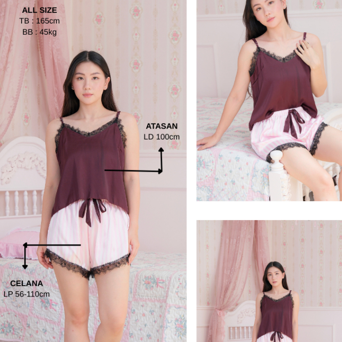 Wanitha - Agnes set Piyama Baju tidur Tanktop Lingerie Celana Panjang Pendek Satin Silk Salur Sesera