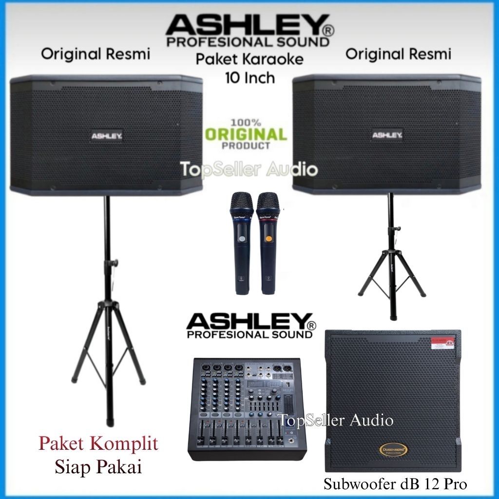 Paket Sound System Karaoke Speaker Ashley 10 Inch K2310 Original Plus Subwoofer Aktif dB 12 Pro Duse