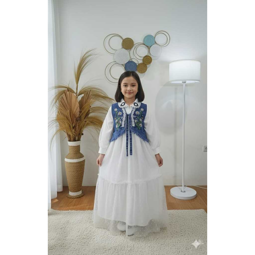 Baju Gamis Mewah Anak 2 in 1Gamis Putih Dan Jeans Rompi Bordir Gamis Sultan Anak Perempuan Terbaru