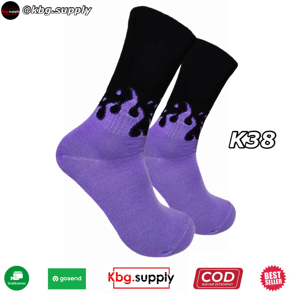 Kaos Kaki Oldschool Motif Skate Api Ungu Dasar Hitam New - K38