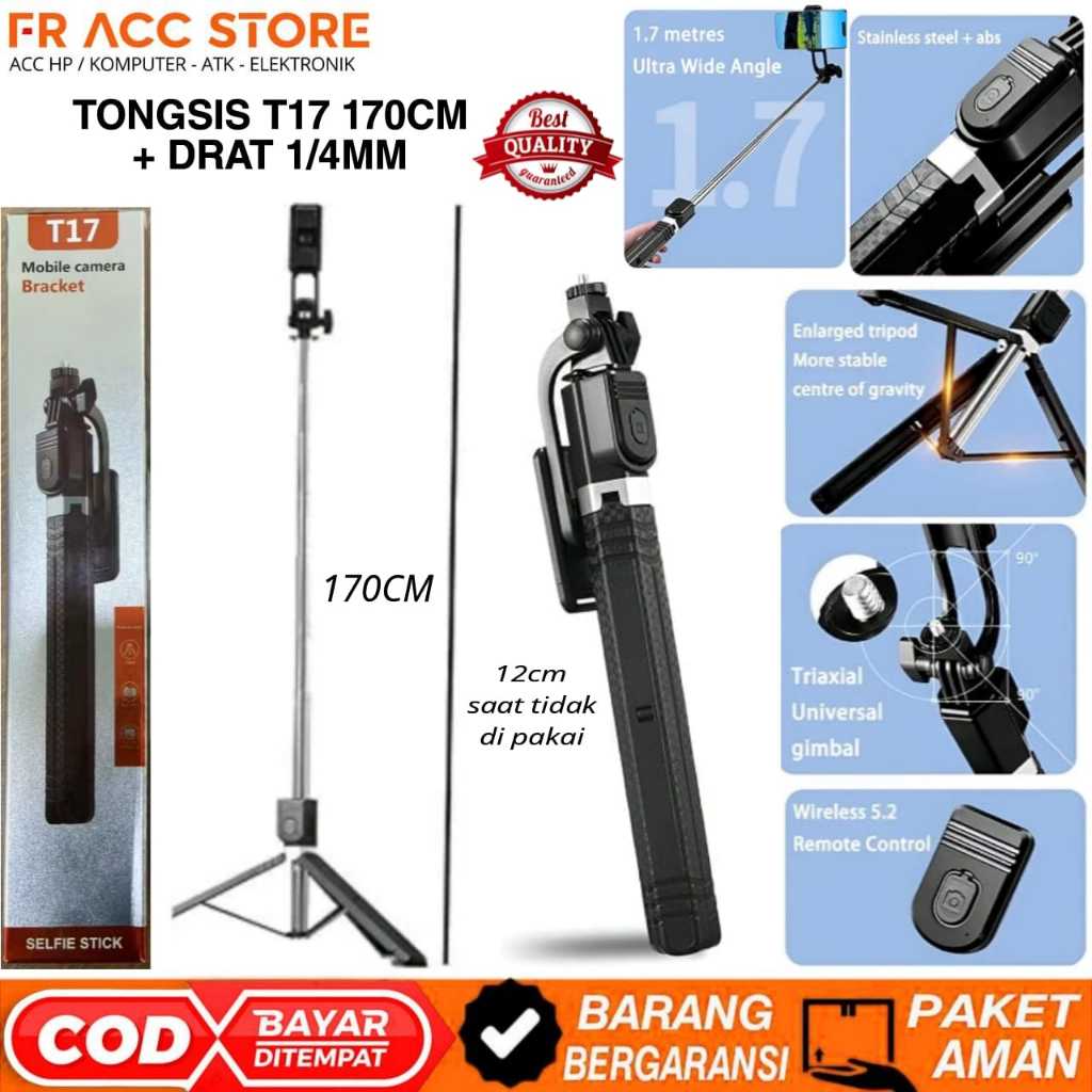 Tongsis Bluetooth 3in1 170cm T17 + DRAT Tripod Remote Bluetooth 3in1 T17 MULTIFUNGSI TONGSIS 3IN1 TR