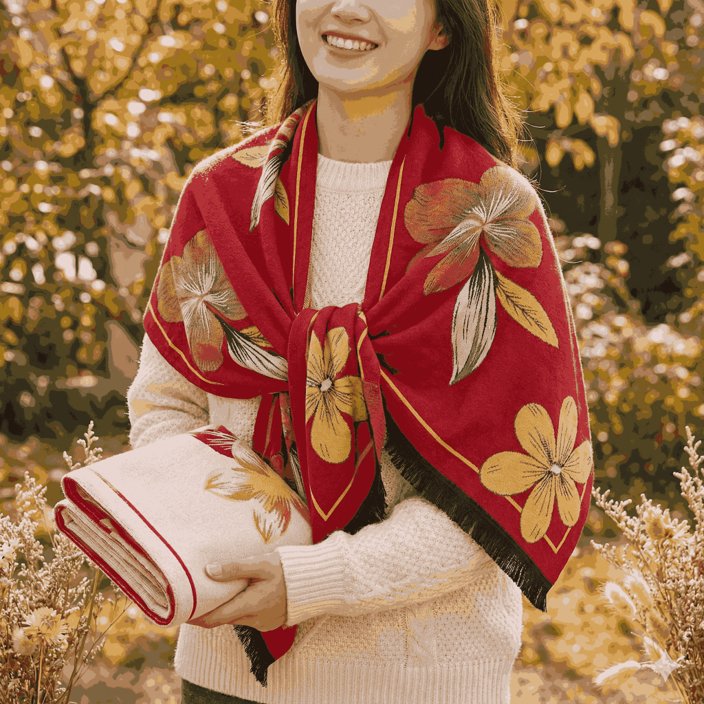 [PRELOVED] Syal Scarf Wanita Motif Bunga Besar - Selendang Leher Rumbai Hitam Etnik (88x66cm)