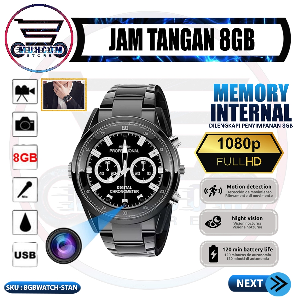 Muhcom Kamera Pengintai Mini Spy Camera Jam Tangan 8GB 1080P Night Vision Hidden Spycam WATCHCS8GB
