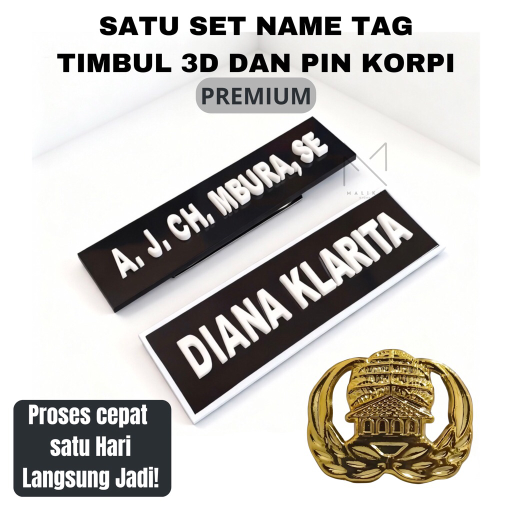 NAMETAG | PAPAN NAMA DADA TIMBUL 3D + PIN KORPRI KUNINGAN ASLI ANTI KARAT | NAME TAG TIMBUL AKRILIK 
