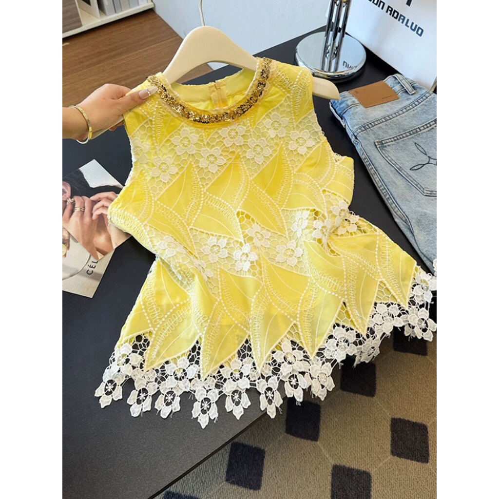 Atasan Wanita Sleeveless Lace Kuning Brokat Premium