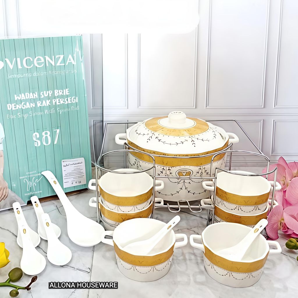 (PACKING KAYU) WADAH SAJI SOUP SET MANGKOK KERAMIK VICENZA S87