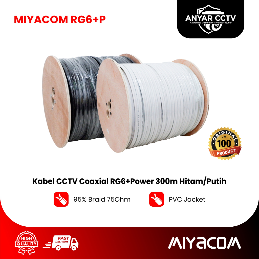 KABEL CCTV MIYACOM COAXIAL RG6+POWER 300M PUTIH/HITAM