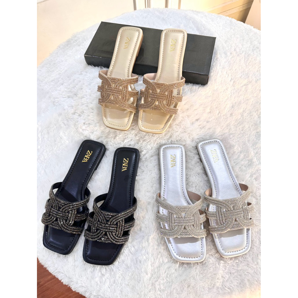 sendal sandal ZARA flat wanita 621-A86 bahan glitter sorovski import premium