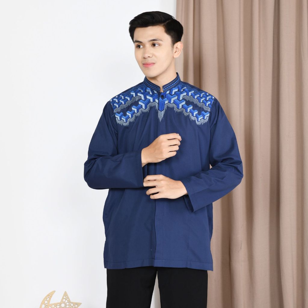 Baju Koko Pria Lengan Panjang Katun Mikro Bordir Biru Navy Terbaru