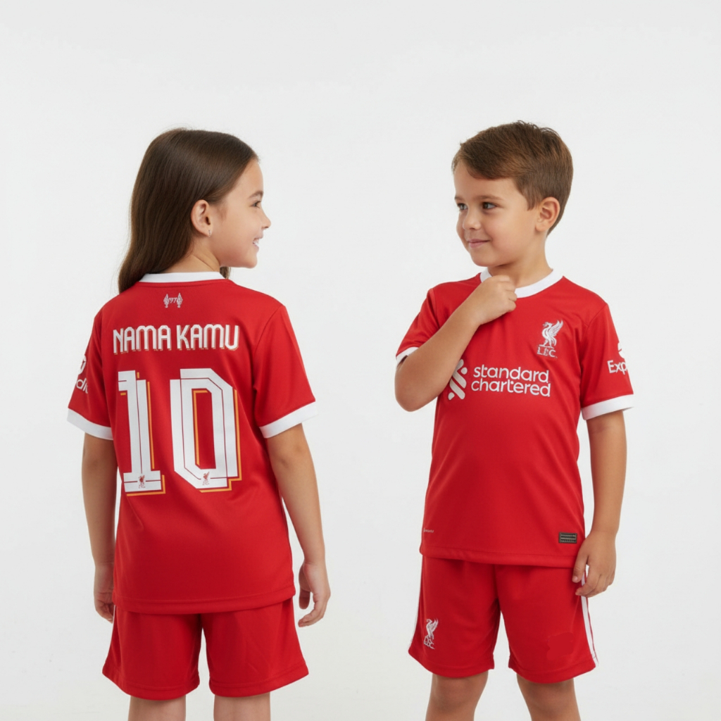 KIDS Jersey Lvrpl Home 2025 2026 Baju Bola Warna Merah Anak Patch Premier League UCL Custom Nameset 