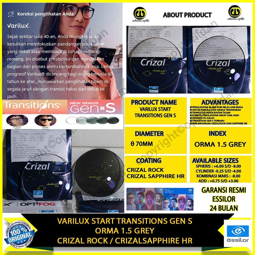 ESSILOR VARILUX START TRANSITIONS GEN S TERBARU CRIZAL ROCK/SAPPHIRE HR