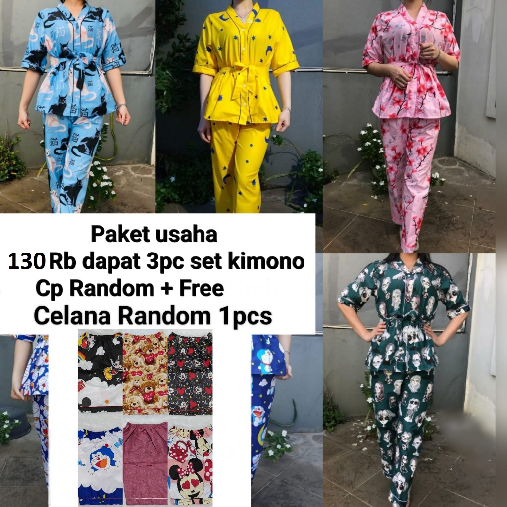 PAKET USAHA 3pcs Kimono Tidur PP, Kimono CP & Set CP Wanita Dapet 1pcs Celana Tidur Random