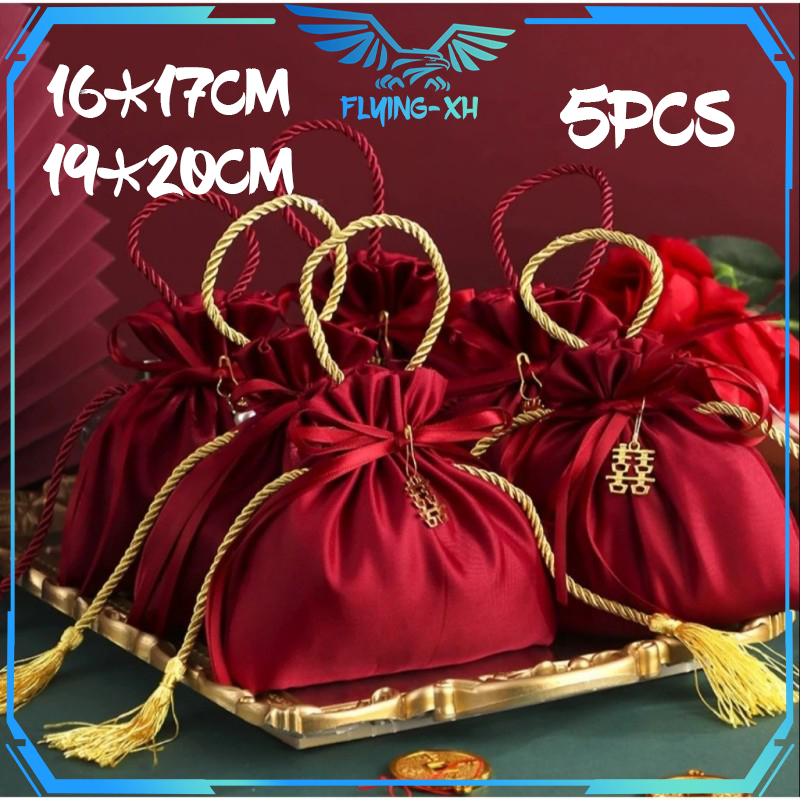 Pouch Serut Souvenir 5pcs Pouch Wedding Candy Bag Wedding Pouch Serut Satin Tas Serut Souvenir Kanto
