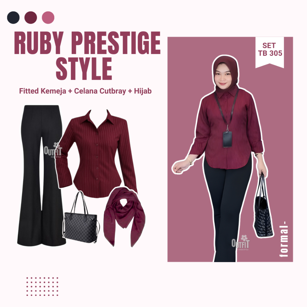 Stripe Maroon Set 3in1 (Kemeja Fitted Maroon, Celana Cutbray, Hijab Bella Square) Oneset Hijab Kekin