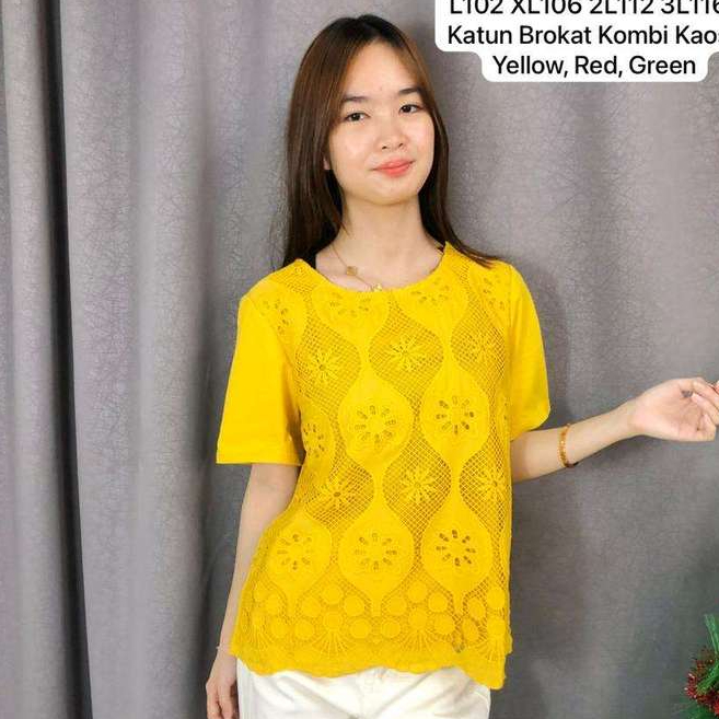 436057 | BLOUSE KAOS KOMBINASI KATUN BROKAT NO STRETCH LENGAN PENDEK HIJAU MAROON KUNING