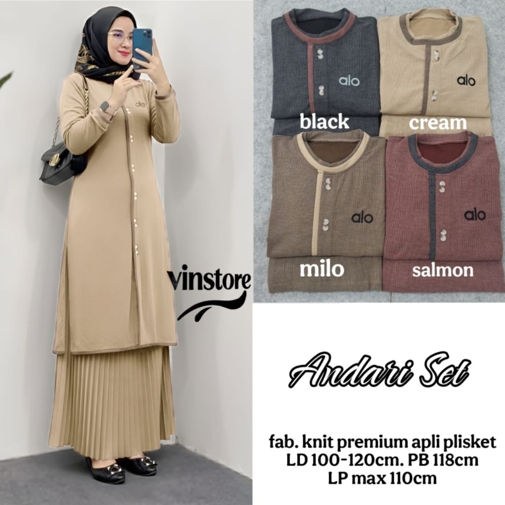 Setelan wannita muslim Andari set tunik dan rok ori vinstore bahan kaos knit premium aplikasi pliske