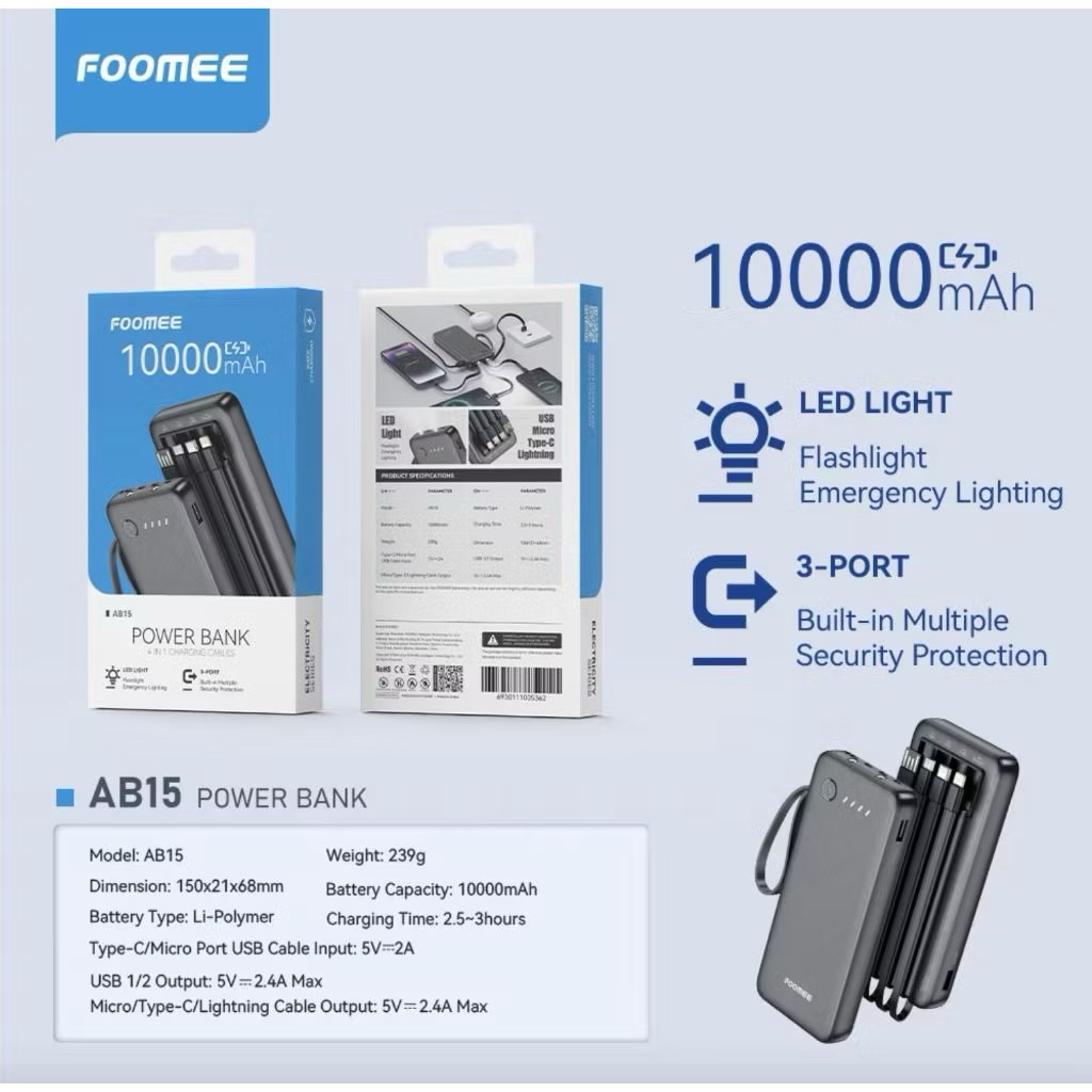 Foomee AB15 PowerBank 10.000Mah 4 in 1 Cable , Power Bank With  LED Light