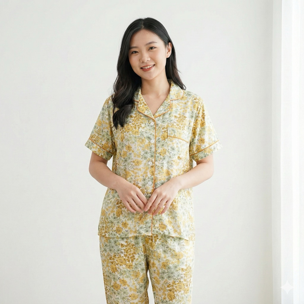 [ELLIE] PIYAMA RAYON PREMIUM MOTIF BUNGA / CELANA PANJANG LENGAN PENDEK / CP HONEY BLOSSOM