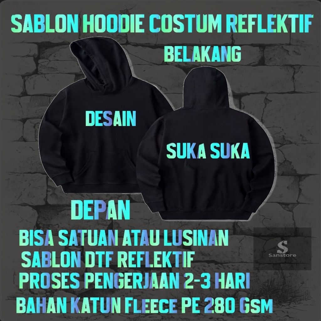 SABLON HOODIE COSTUM REFLEKTIF BAHAN CATTUN PE FLEECE 280 GSM