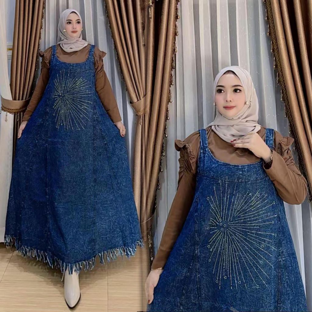 Overall set jeans kombinasi