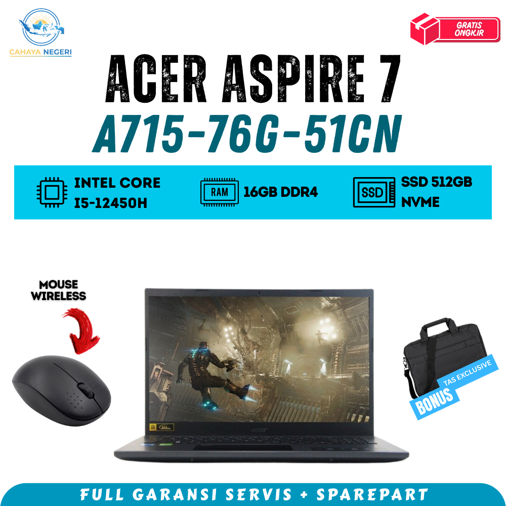 PROMO BARU LAPTOP GAMMING Acer Aspire 7 A715-76G-51CN i5 GEN 12 RAM 16GB FREE MOUSE WIRELESS