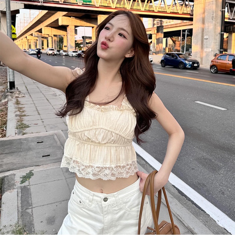 [Sunflower Collection] Crop Top Wanita Korea Lace Sleeveless Aesthetic Summer Outfit - LUNARA TOP