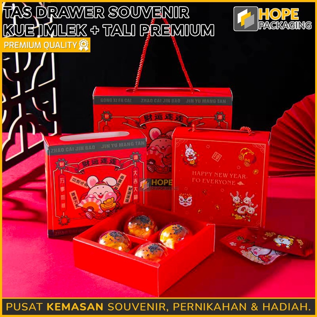 HOPE Tas Drawer Souvenir Imlek+Tali / Kotak Kue Imlek / Dus Kue / Paper Box Drawer / Box Kue Brownis