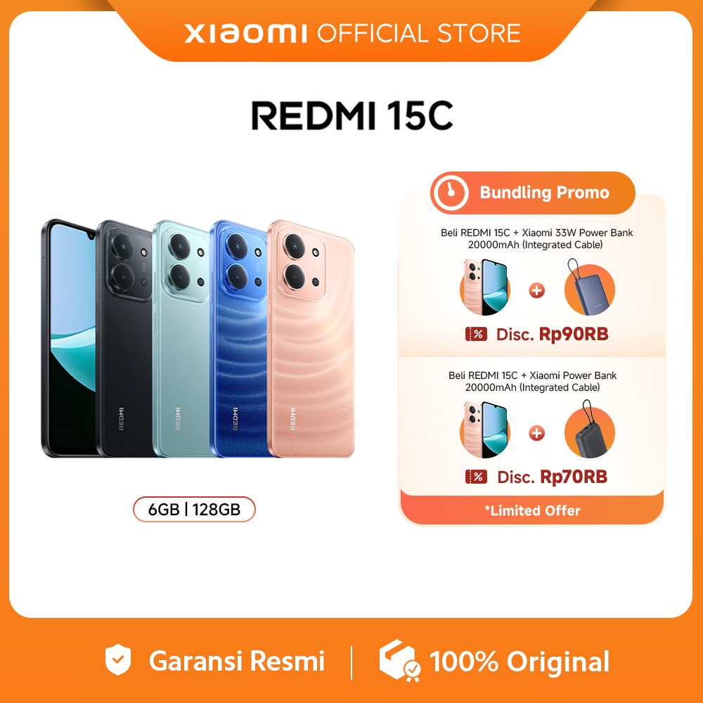 Xiaomi Redmi 15C (6GB/128GB) (8GB/256GB) | Baterai besar 6000mAh dengan pengisian daya 33W | Desain 