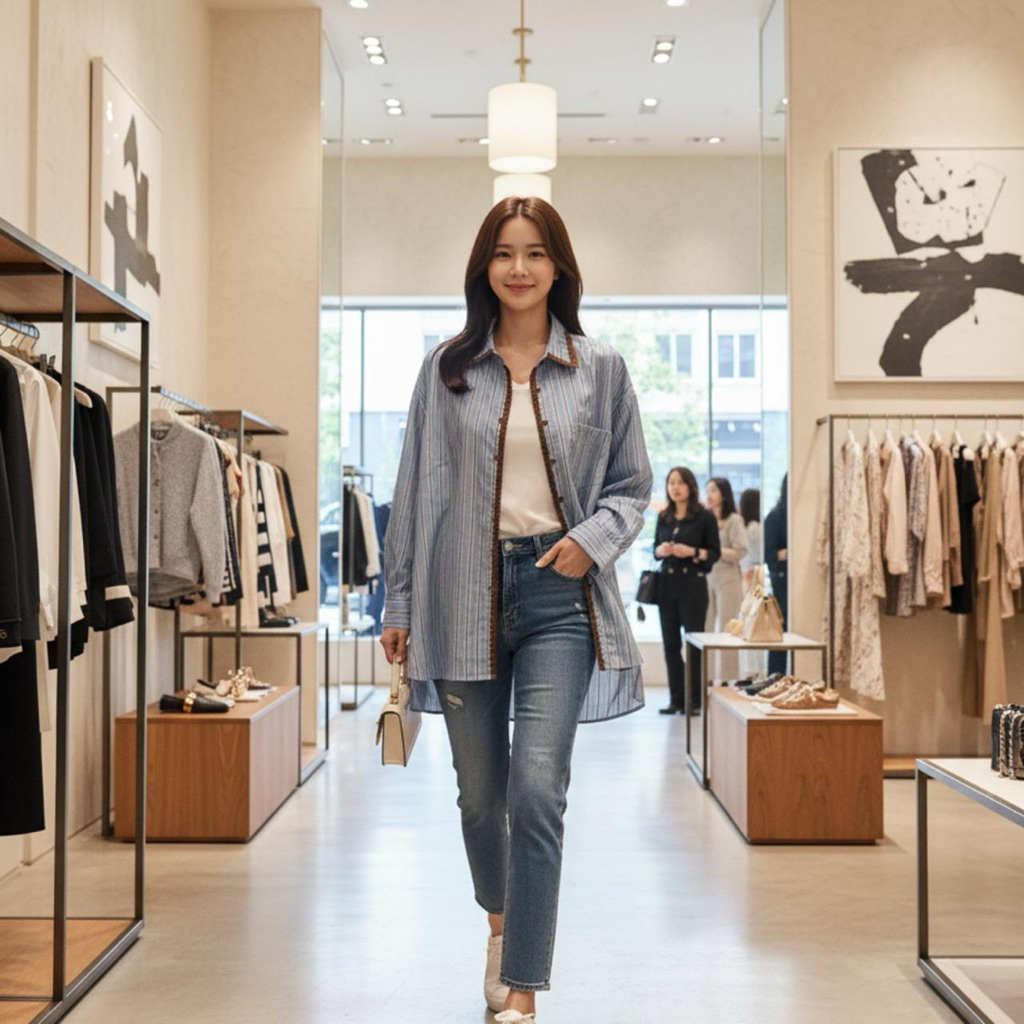 KEMEJA WANITA BIRU OVERSIZE GARIS 3174