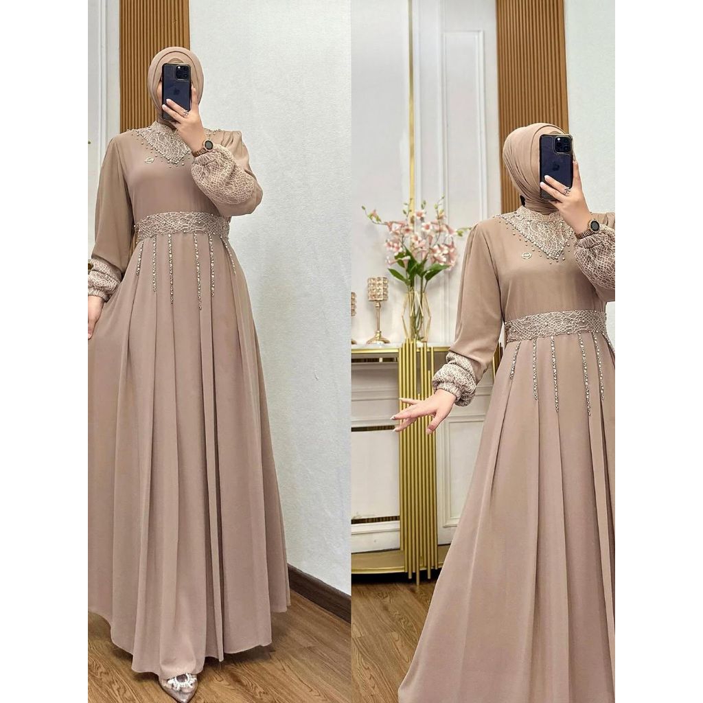 Gamis Wanita Laudiya Dress Bahan Ceruty Babydoll Mix Brukat Aplikasi Payet Tali Pinggang Menyatu
