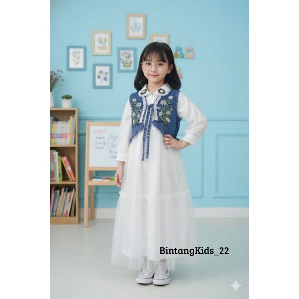 Gamis Alesha Rompi Jeans Bordir Mix Shakila Mix Tille Dot Usia Anak 3-10 Tahun - Gamis Anak Rompi Je