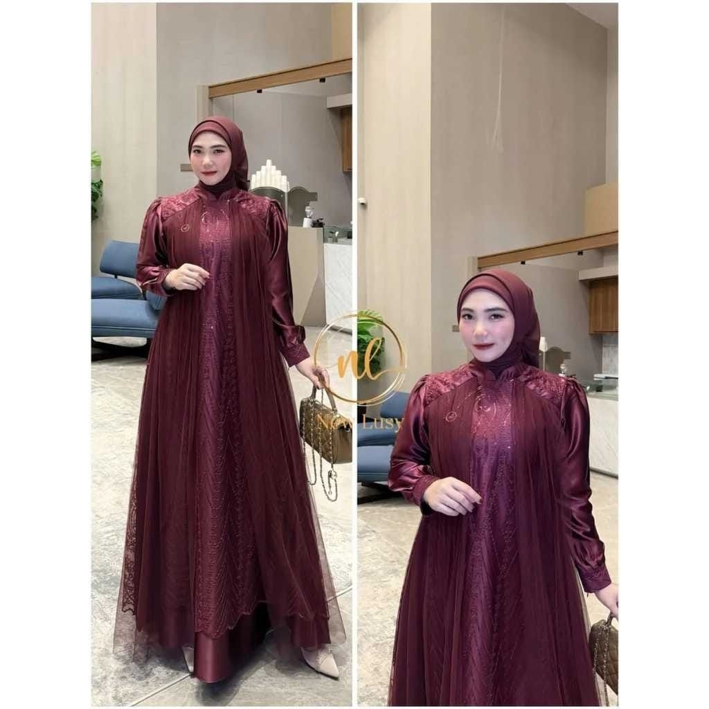 Gamis Mewah Leya Velvet Brukat Wanita Muslimah-Burgundy