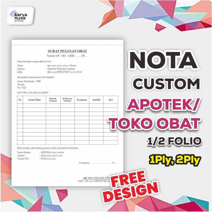 Nota Custom Apotek/Toko Obat Ukuran 1/2 F4 isi 50 Lembar - Nota Kwitansi NCR 2 Ply & HVS 1 Ply - Cet