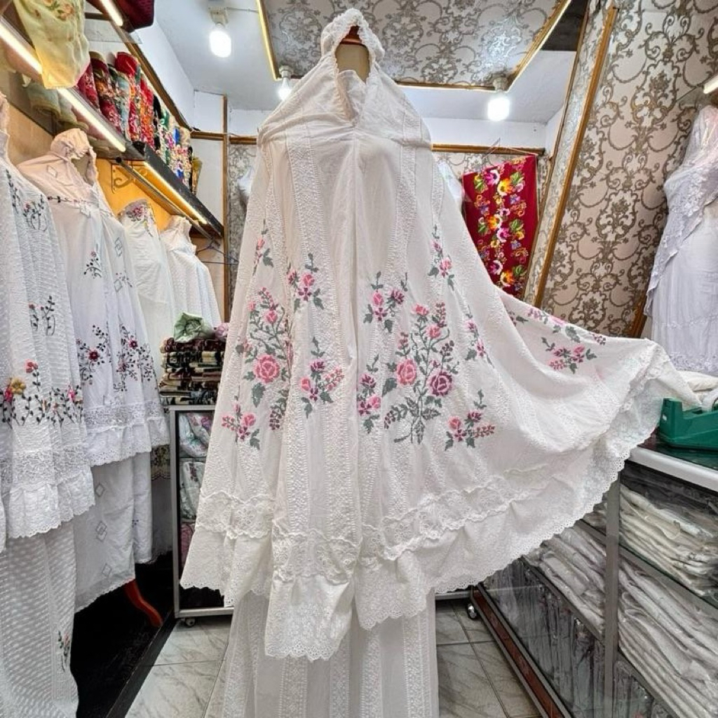 Stelan Mukena Dewasa Bahan Katun Paris, mukena bordir strimin Bukittinggi bahan katun paris