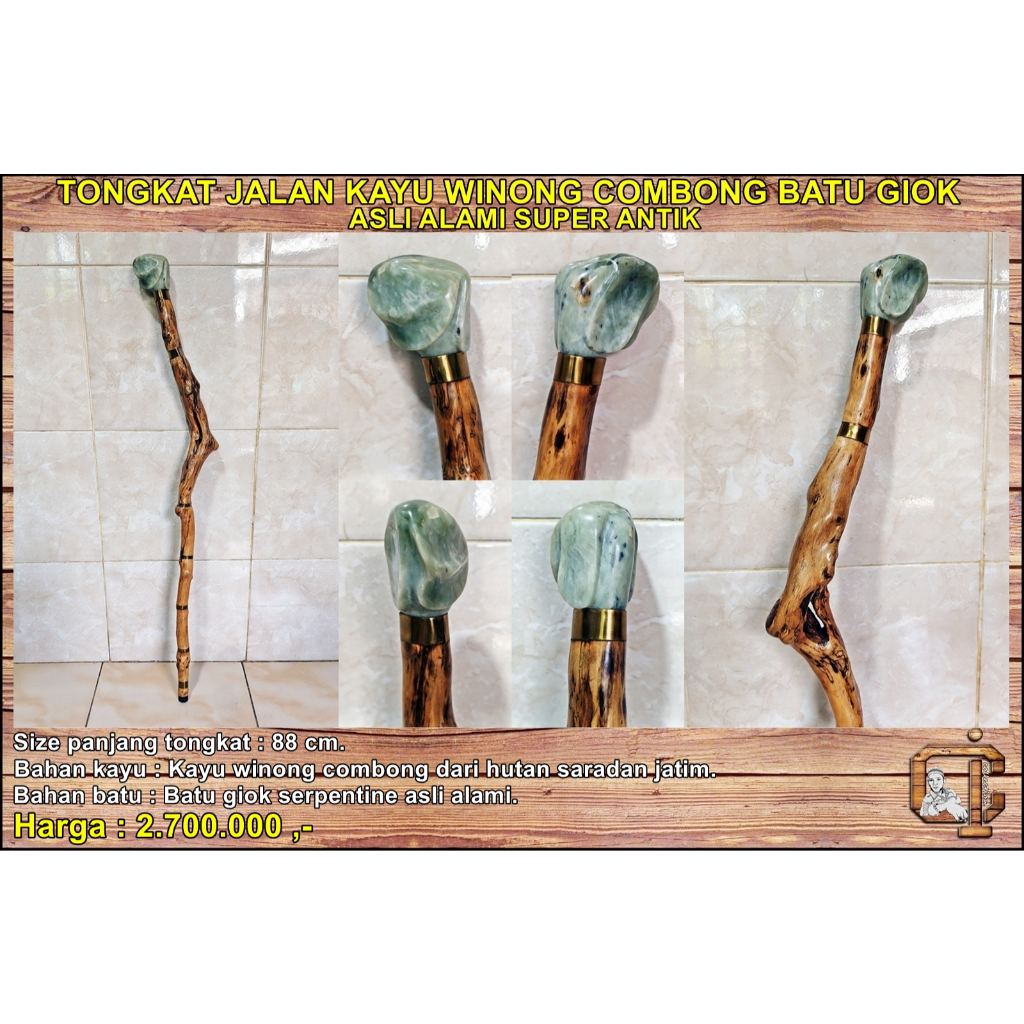 Tongkat jalan kayu winong combong kombinasi batu giok ukir asli alami super antik.