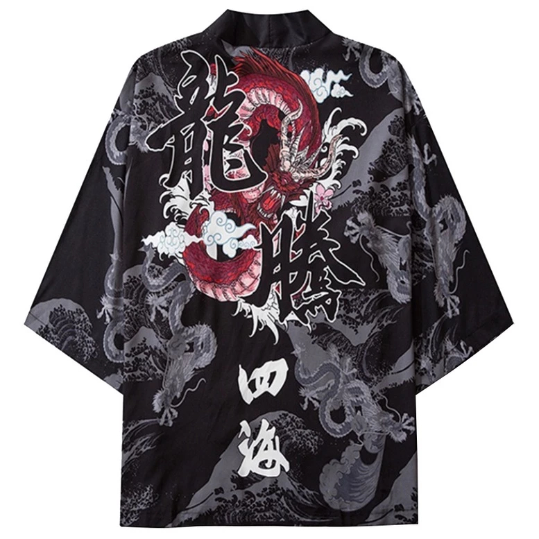 Kimono Cardingan Print Naga Abu Pria Wanita Fashion Baju Nuansa Jepang