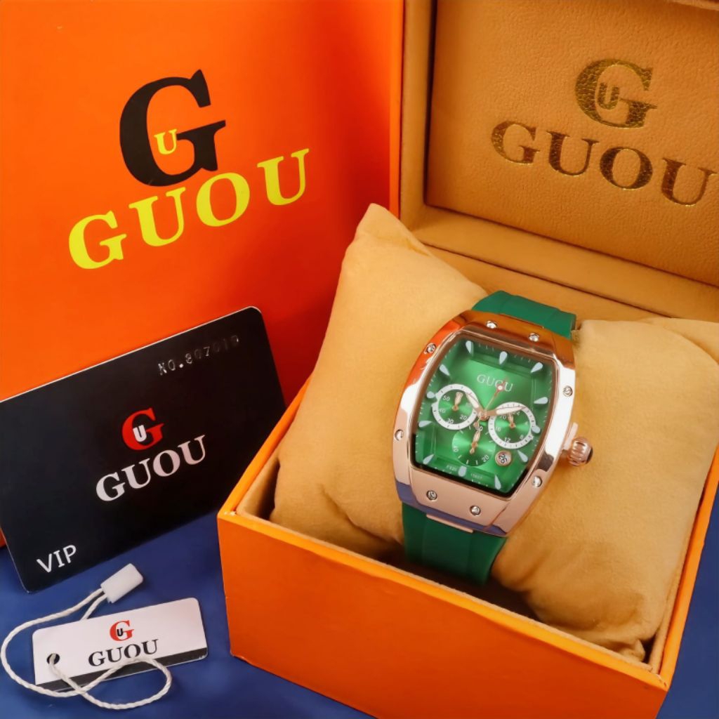 Jam Tangan Pria GUOU Luxury Chronograph Rose Gold Edition - Desain Tonneau Sporty dengan Strap Rubbe
