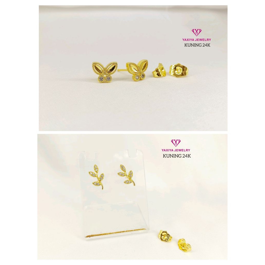 anting tusuk kupu daun lapis emas yaxiya