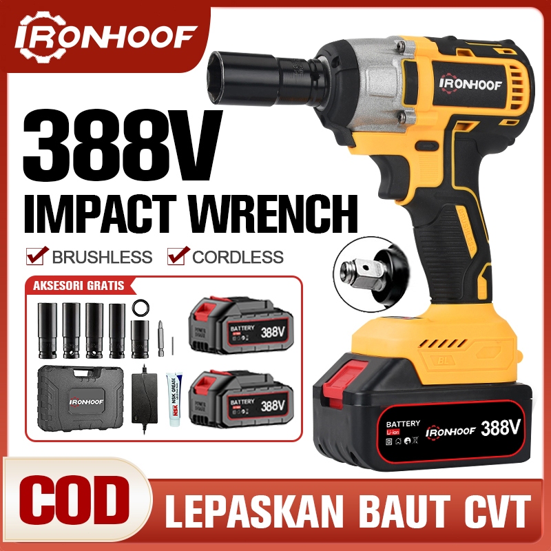 IRONHOOF 388V Impact Wrench Brushless 288V Impact Baterai 420N.M Electric Impact Wrench Spanner Sets