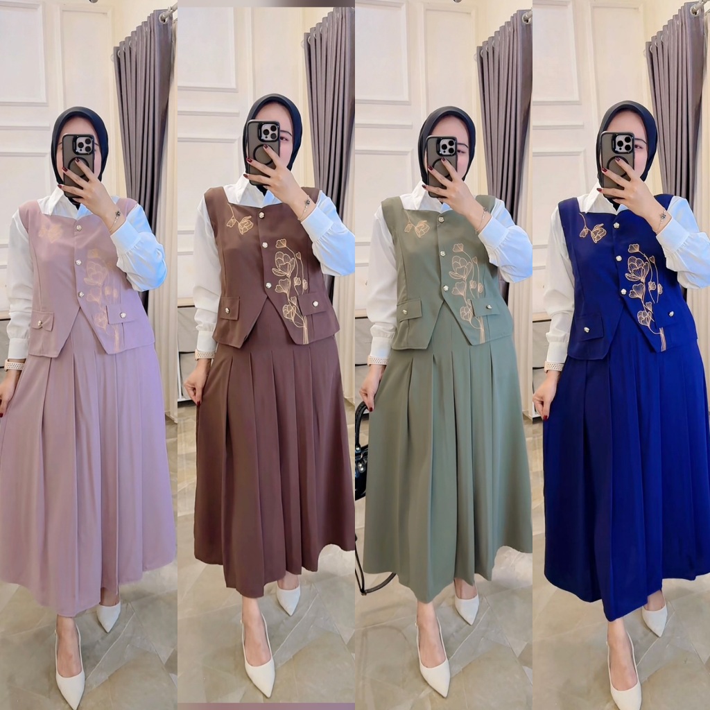 HANAKO One set 2in1 Setelan rok dan vest bordir Wanita dewasa Modis Kekinian Elegan Casual Stylish