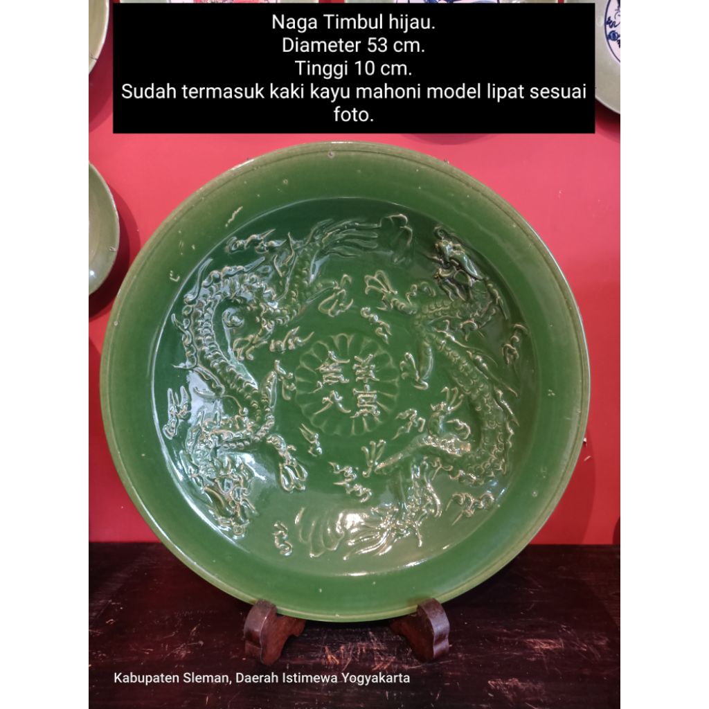 Diameter 53 cm piring keramik naga timbul hijau celadon saladon untuk dekorasi hiasan.