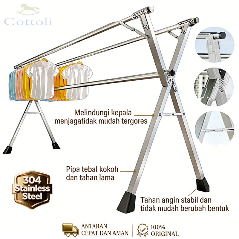 Cottoli Jemuran Baju Lipat Roda Stainless Jemuran Baju Anti Karat Kuat Portable Jemuran Pakaian Indo
