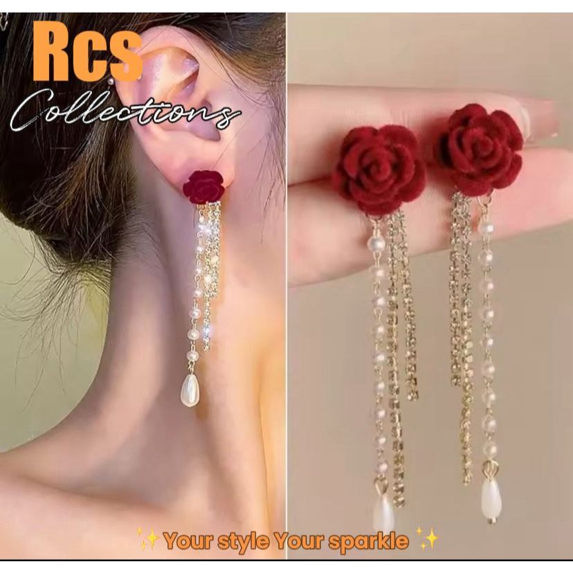 RCS - anting bunga merah rumbai anting natal imlek elegant kekinian kode ATB08