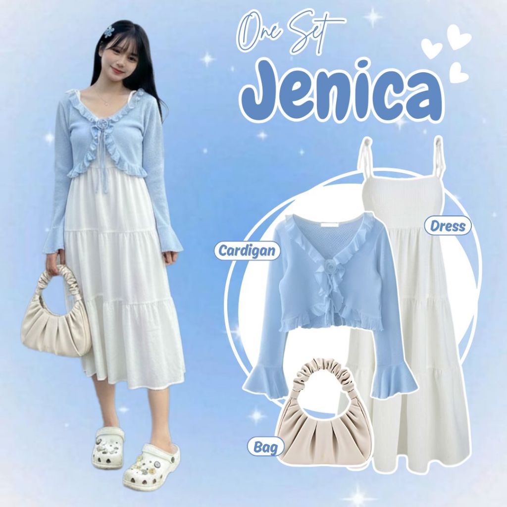 One Set Dress Korean Style ( Cardigan Rumbai + Midi Dress Putih + Soulder Bag ) OOTD Pantai Wanita