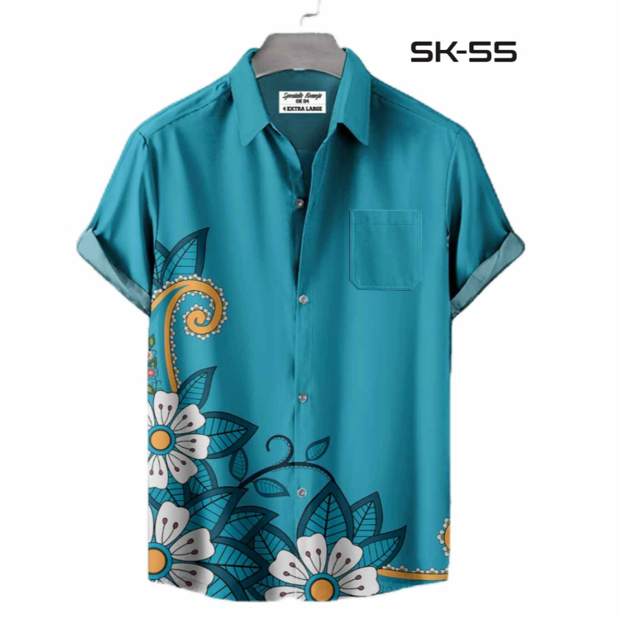 Kemeja Kasual Pria Motif Floral Modern Printing Tangan Panjang Pendek SK-55