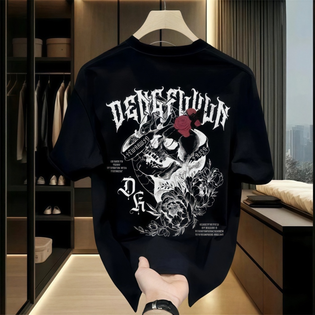 *COD* Kaos Pria Trendi Retro Oversize Desain Tengkorak Mawar Motif Sablon Atasan Baju Lengan Pendek