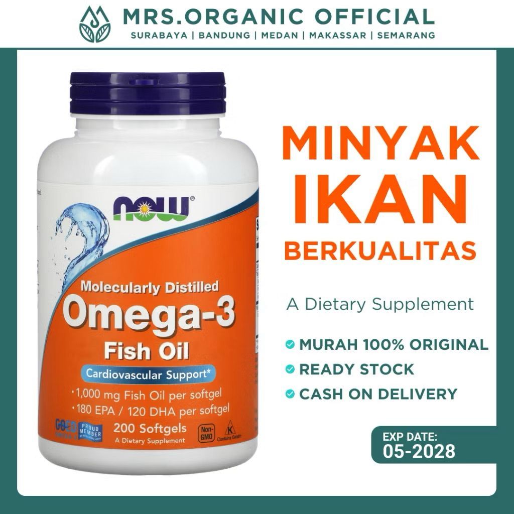 NOW Omega-3 1000mg –  200 Softgels Untuk Jantung, Otak, & Kolesterol dengan Minyak Ikan Berkualitas
