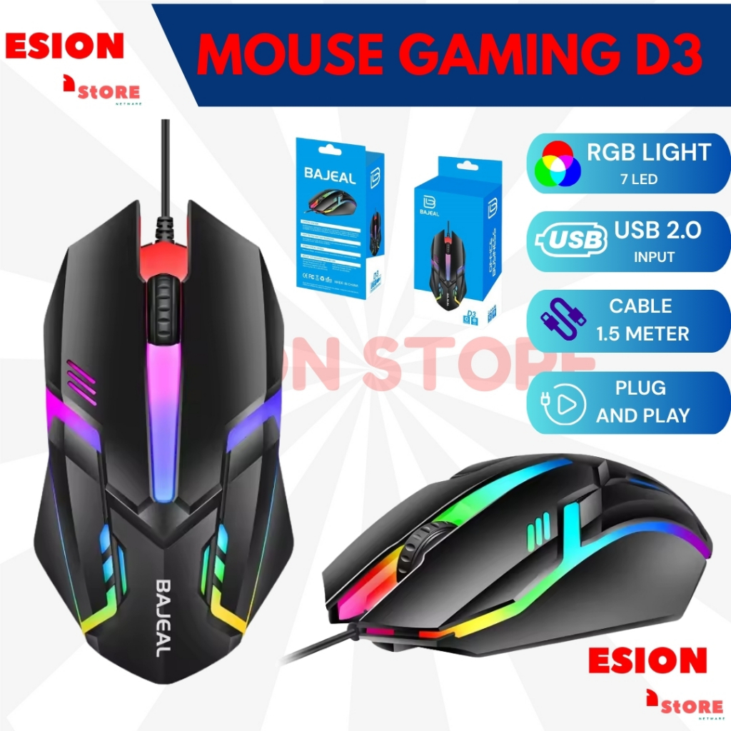 Mouse Kabel Gaming RGB D3 Mouse LED RGB 7 Warna kabel usb 1000Dpi for laptop pc computer Mouse Kabel