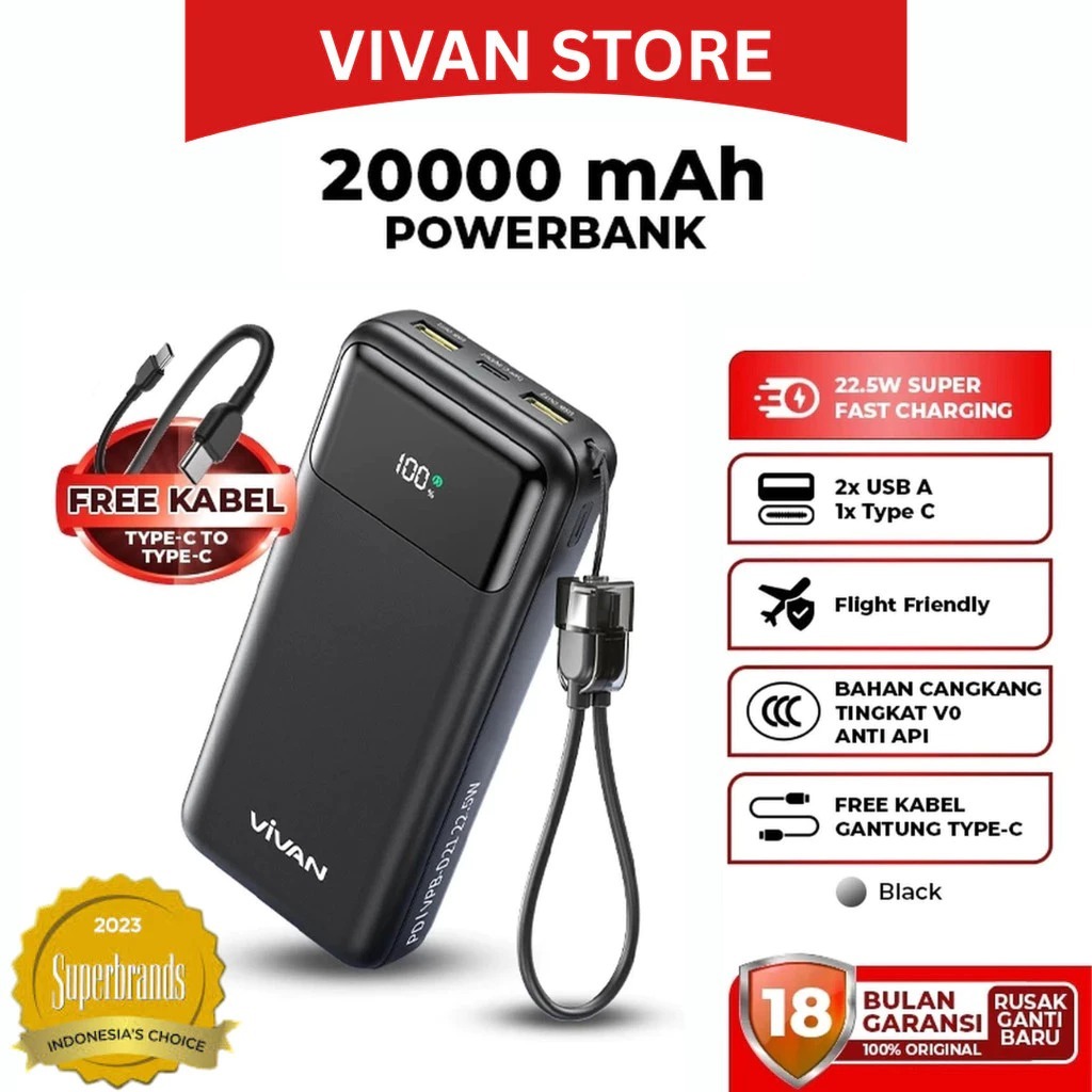 VIVAN VPB-D21 Powerbank 20000mAh 22.5W Fast Charging LED Display Kabel Gantung Black