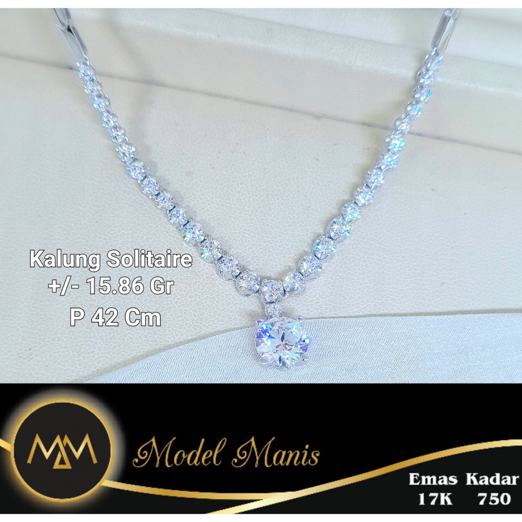 Model Manis Gold - Kalung Mewah Padi Solitaire Putih - Emas 17k 750